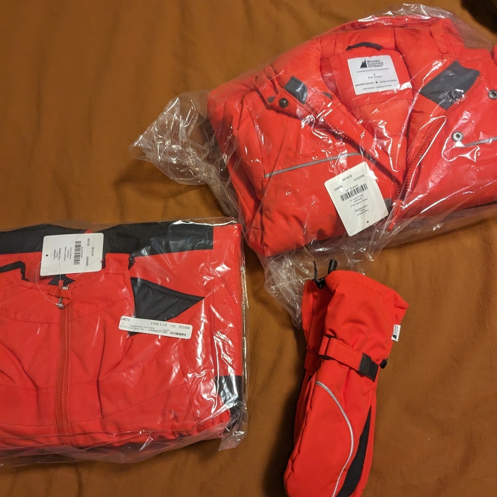Red mec winter snowsuit, jacket bibs and gloves